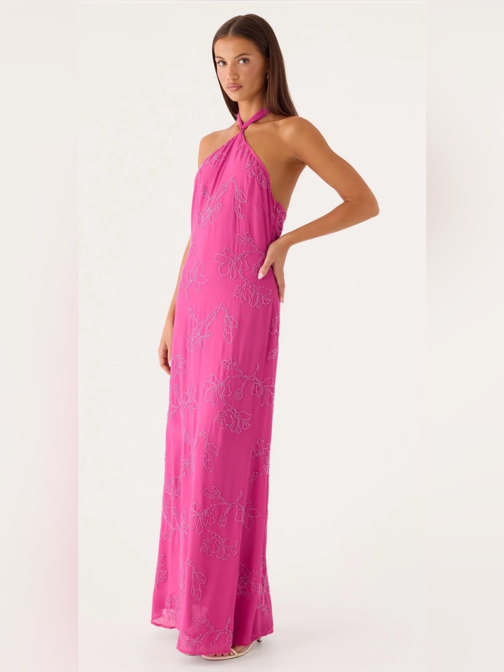 Peppermayo Fuchsia Halter Maxi Dress with Beaded Floral Detail - Picture 4 of 11